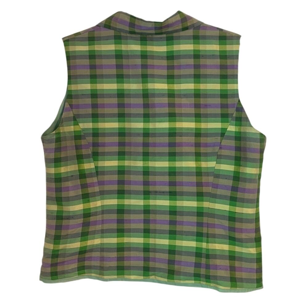 Vintage Y2K 100% Silk Plaid Sleeveless Button-Up Blouse Green Lavender Size M - Picture 3 of 5